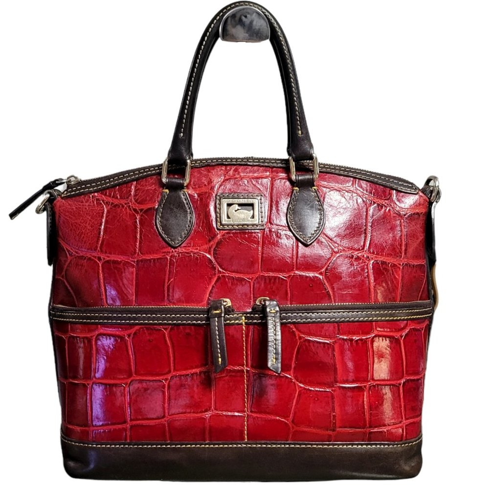 Dooney & Bourke Red Croc-Embossed Satchel with Dark Brown Trim
